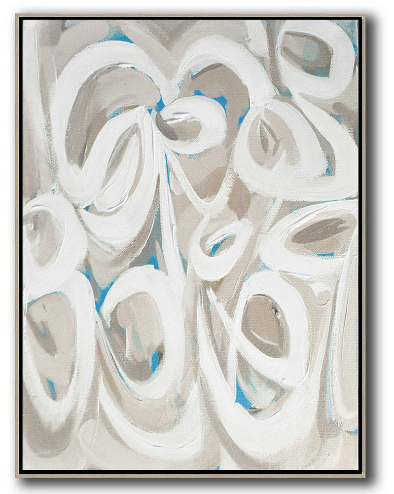 Handmade Large Contemporary Art,Vertical Palette Knife Contemporary Art,Modern Wall Art,White,Beige,Blue.etc